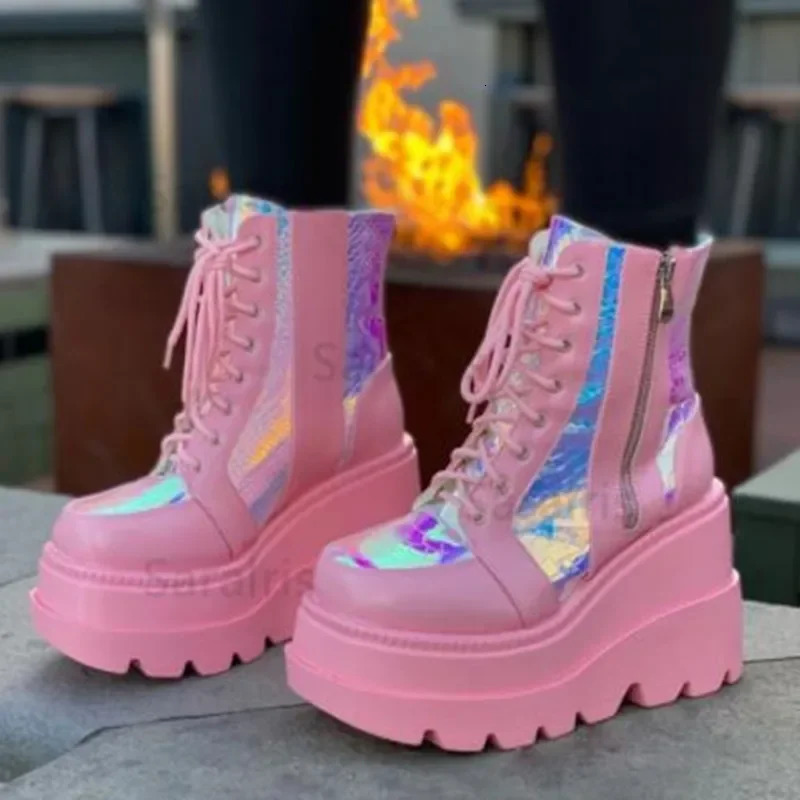 Plus Size Platform Boots for Women Fashion Wedge Shoes Sequins High Heels Womens Ankle Boots Zipper Lace Up Womens Boots 250805