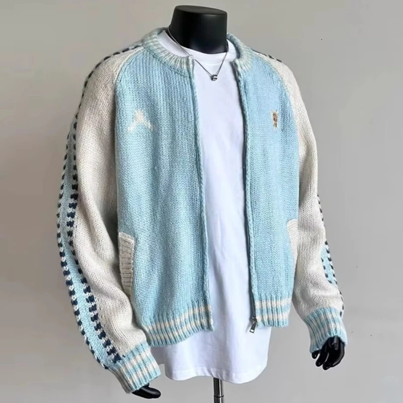 Retro Contrast Color Splicing Cardigan Couple Sweater Street Casual Loose Sports Y2K Top American Trendy Jacket Knitted Sweater 250723