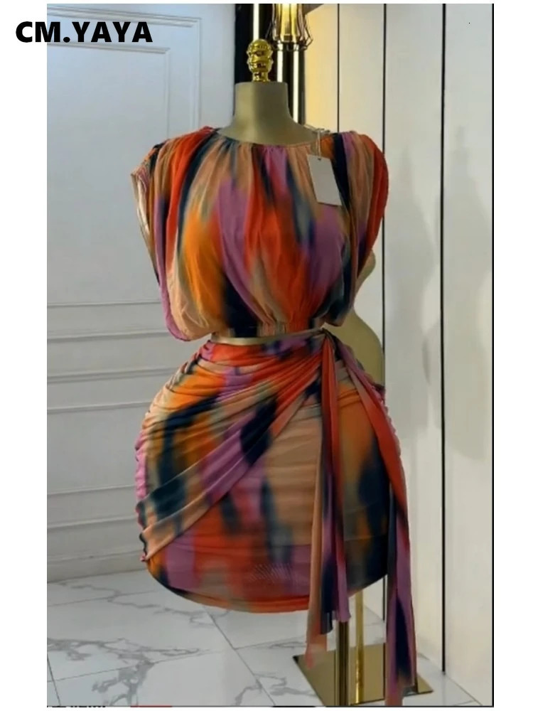 CM.YAYA Tie Dye Printed Womens Set Ruched Short Sleeve T-Shirt Tops and Stacked Mini Skirts Suit Two 2 Piece Sets Outfit 250724