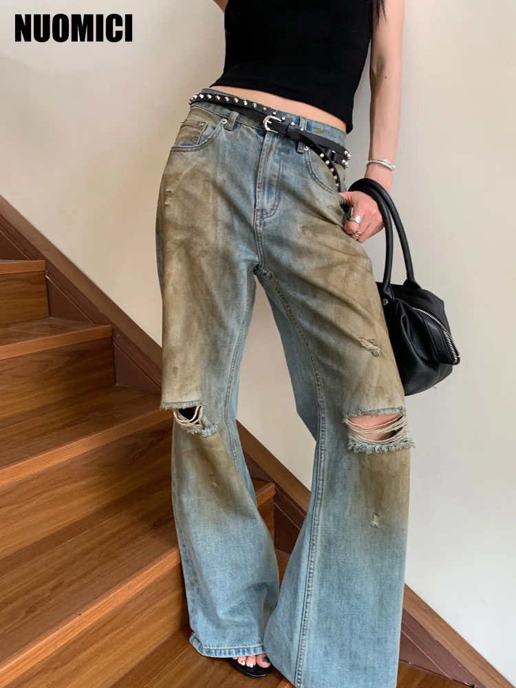 NUOMICI American Retro Street Distressed Ripped Jeans Summer Womens Trend Straight Hand-Rubbed Color Flared Casual Loose 250724