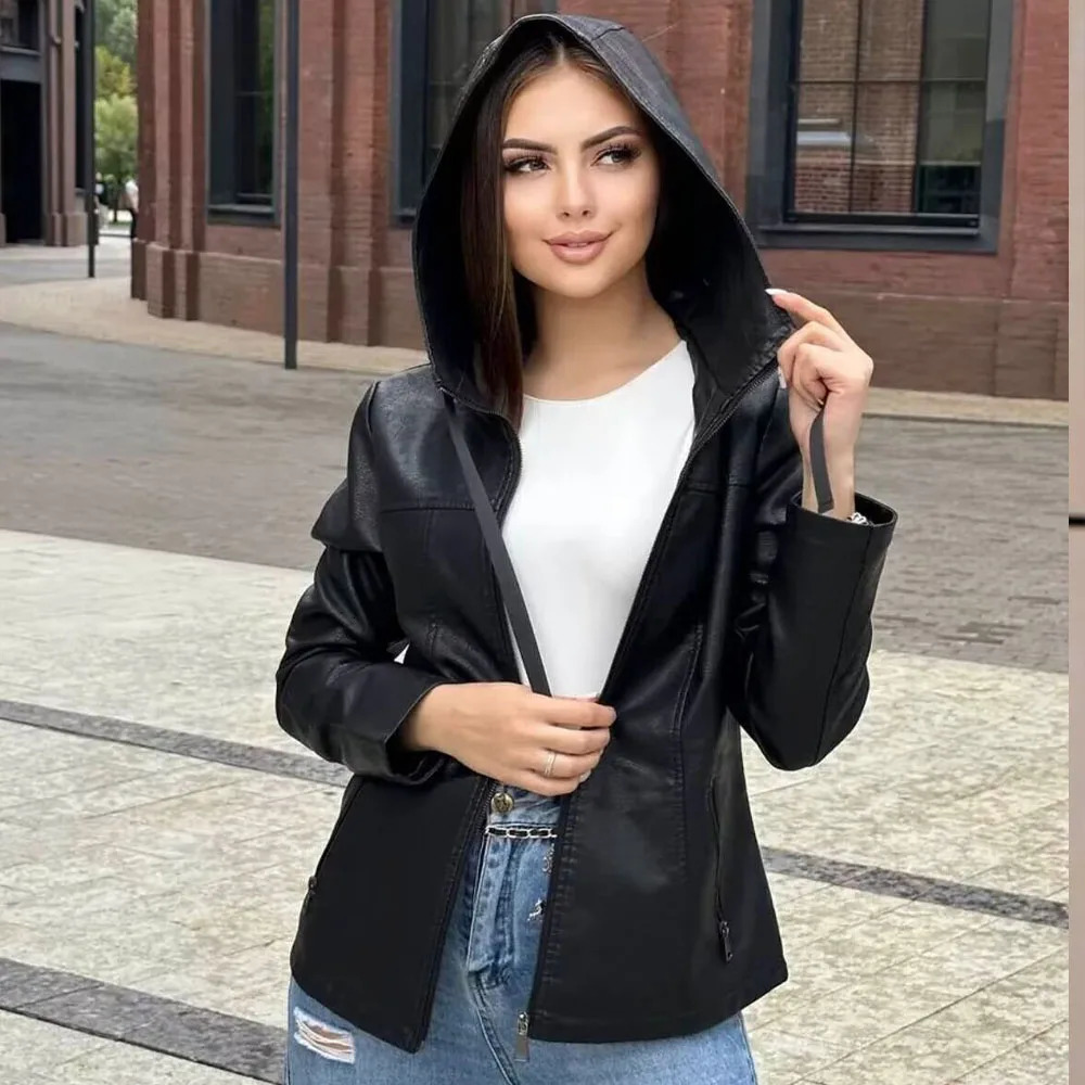 Autumn womens fashion casual Joker temperament commuting slim zipper hooded leather jacket. 250724