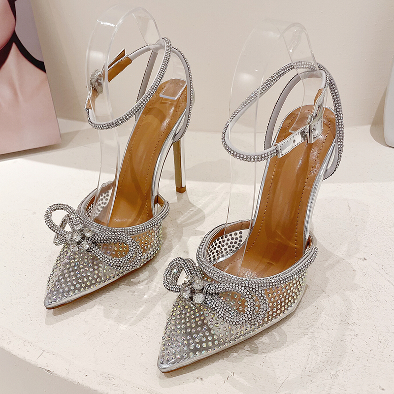 2025 Sandals Heels Women Shoes Fashion Silver Butterfly-Knot Narrow Band Bling Cross-Tied Crystal Pointed Toe Pumps 42