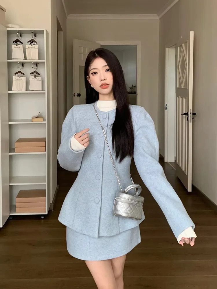 Real S Real Price~ Autumn Winter Suit Style Tweed Coat Korean Style Small Dress Thickened Tweed Jacket Half Skirt Set Women 250724