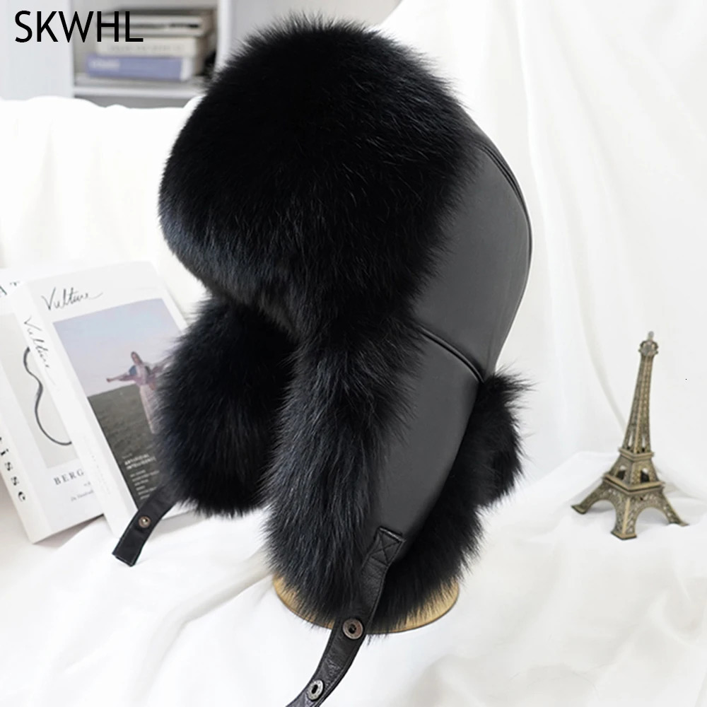Winter Mens 100% Real Silver Fox Fur Bomber Hat Raccoon Fur Ushanka Cap Trapper Russian Man Ski Hats Caps Real Leather 250725