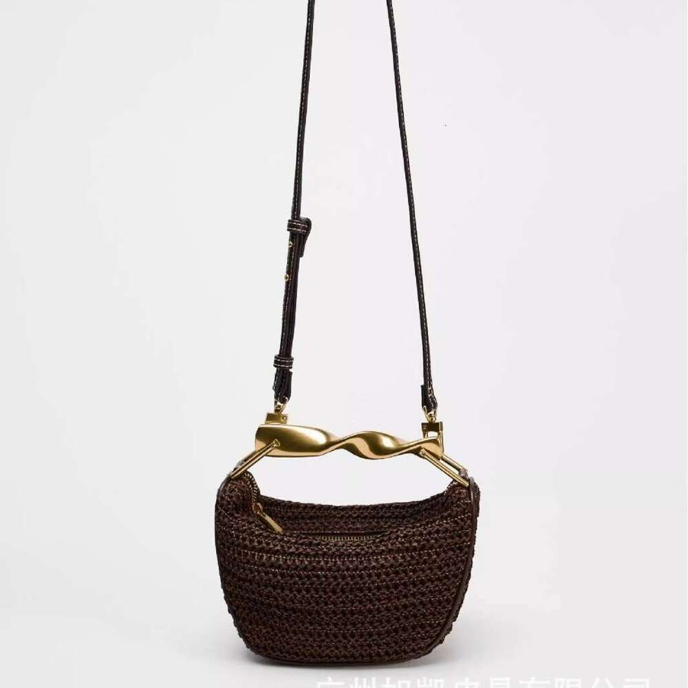 2025 Spring New Women's Cross-Border Single Shoulder Metal Handle Mini Crossbody Zipper Casual Fashion Woven Bag