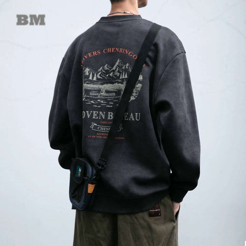 2025 Spring Mens Loose Fit Round Neck Hoodie Big Size Oversized Streetwear Hip Hop Retro American Casual Pullover Trendy Print 250728