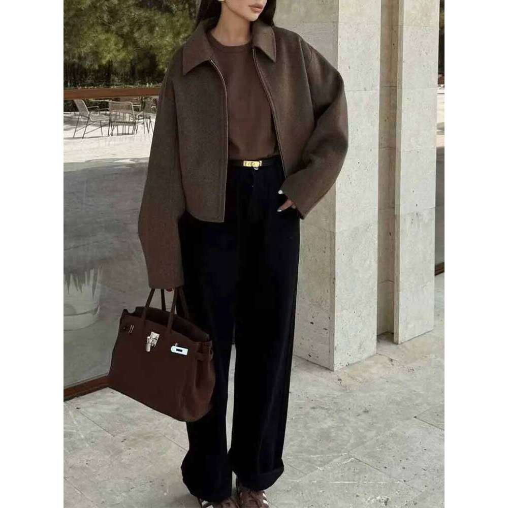 Autumn Winter Fashion Lapel Long-Sleeved Zipper Woolen Coat 2024 European And American Loose Casual Jacket MDNG