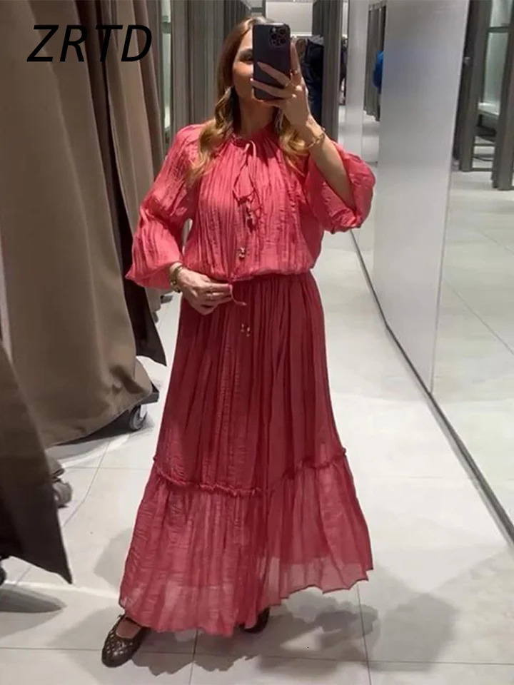 Loose Lace Up Ruched Skirts Sets Women V-neck Lantern Sleeve Blouses Ruffles High Waist A-line Skirt Summer Lady Outfits 250724