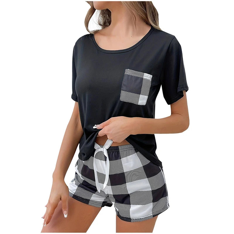 Two piece womens pajama round neck short sleeved Tshirt and checkered bow front shorts casual home set 250717