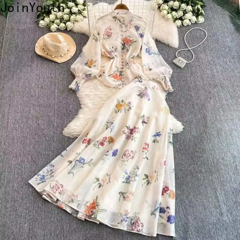 Floral 2 Piece Sets Womens Clothing Long Sleeve Single Breasted Blouse High Waist A-line Skirt Outfits Vintage Chic Korean Suit 250728