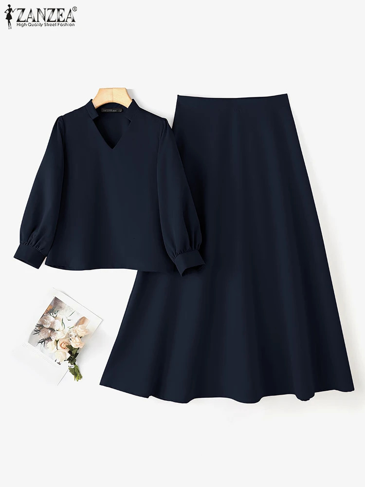 2025 ZANZEA Women Fashion Dress Sets Summer Two-piece Outfits Elegant Office Lady 2PCS Solid Casual V-Neck Tops and Maxi Skirts 250728