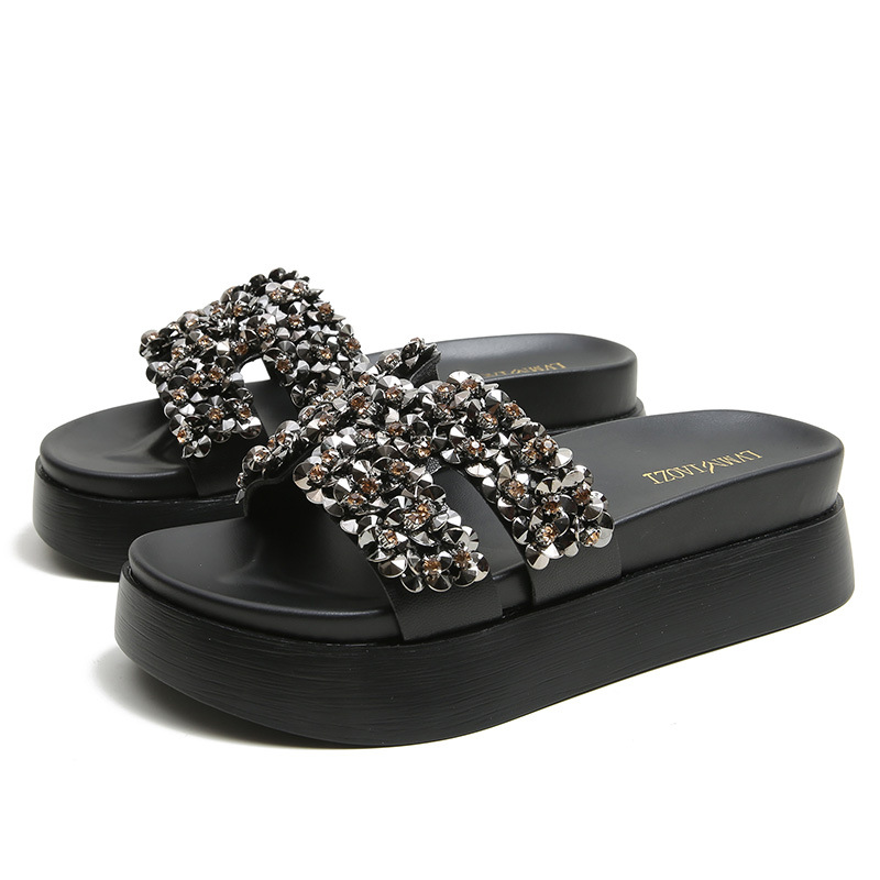 Sandal Slide Women Summer Comfortable Flat Walk Round Head Open Toe Loafer Slipper Women Shinning Crystal Beach Leisure Indoor Outdoor Sandals Silpp