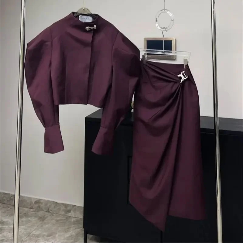 Autumn Fashion Womens Skirt Suit Elegant Office Lady Solid Color Short Jacket Fold Long Skirt Two-Piece Set 250728