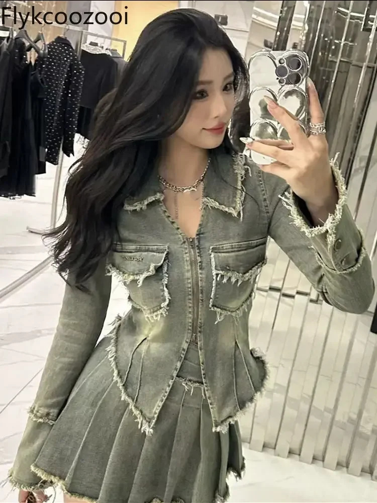 This Years French Long-sleeved All-match Retro Chinese Spice Washed Denim Short Jacket and Skirt Suit 250724