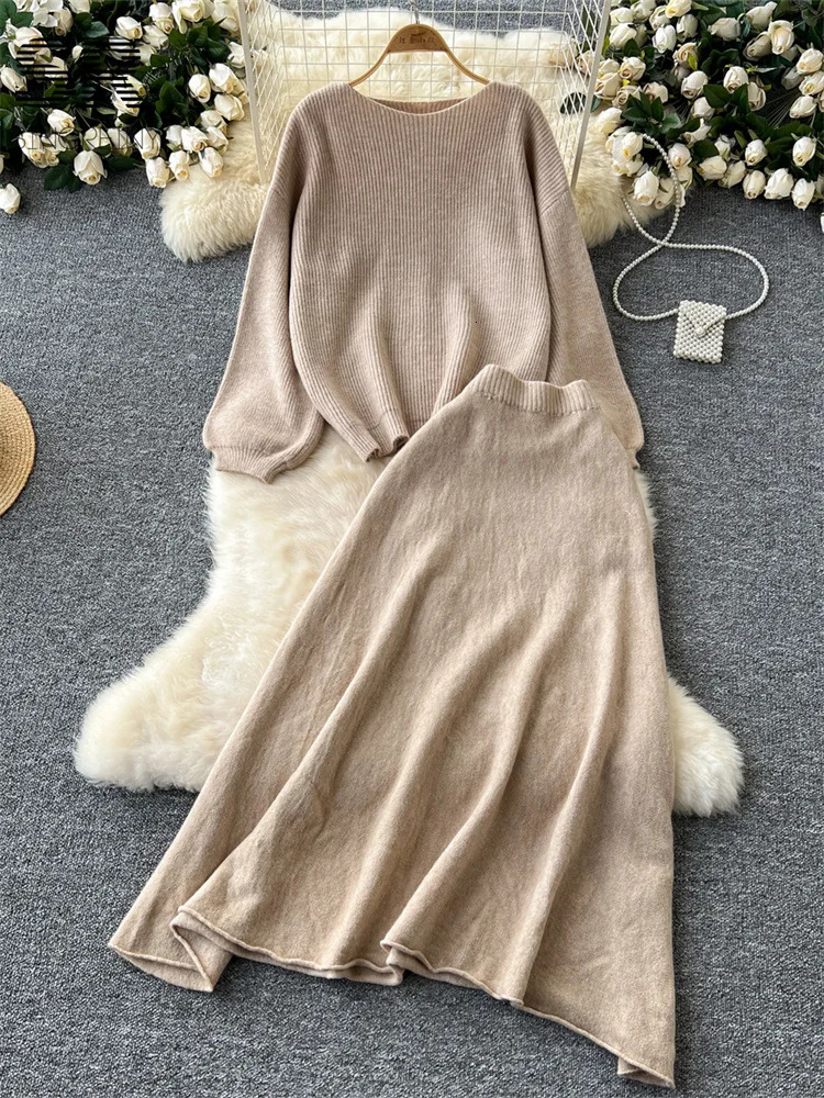 SINGREINY Gentle Korean 2pcs Suits Women Autumn Winter Loose SweaterElastic Waist Skirt Ladies Basics Knitting Two Pieces Sets 250728