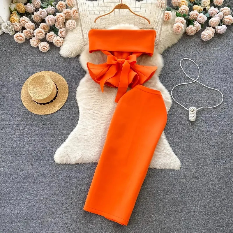 Women Vintage Two Pieces Skirt Sets Women Long Sleeve Sexy Slash Neck Bandage Ruffle Blouse Top and High Waist Hip Wrap Skirt 250724