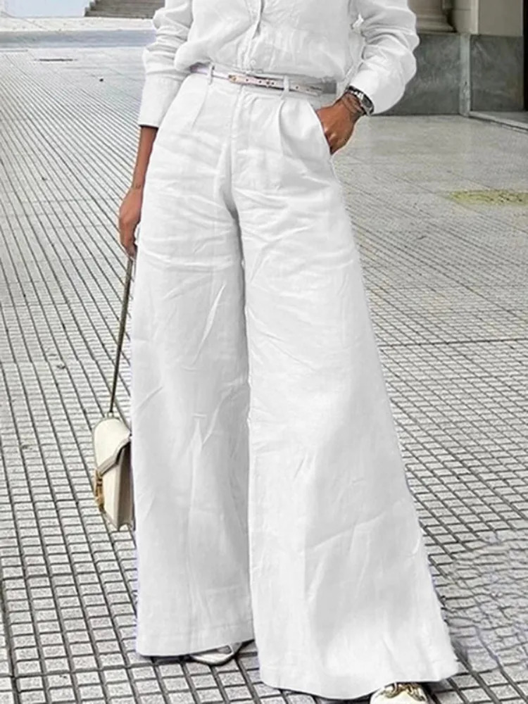 Bonboho Womens Cotton Linen High Waist Wide Leg Pants with Pockets Summer Minimalist Solid Color Casual Office Trousers 250723