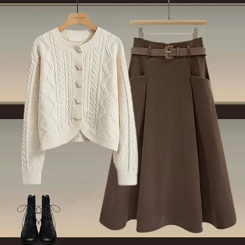 Plus Size Winter Knitted Sweater And Mini Skirt Set for Women Button n Slimming Top Bottom Piece Outfit Ensemble 250728