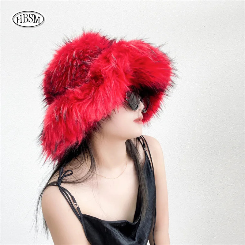 2025 y2k Fluffy Faux Fur Bucket Hat Women Raccoon Fur Warm Thick Plush Winter Hat Lady Fashion Furry Panama Fisherman Cap 250725