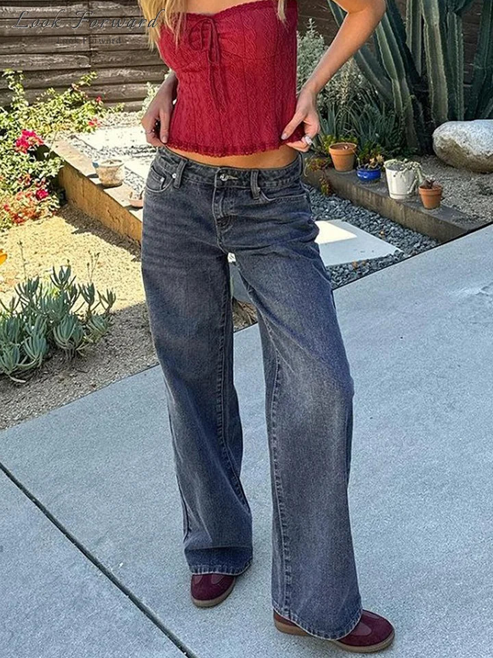 Vintage Jeans Female Loose Autumn Winter Zippers Button Wide Leg Trousers Woman Casual Dark Blue Long Pants Women All-match 250724