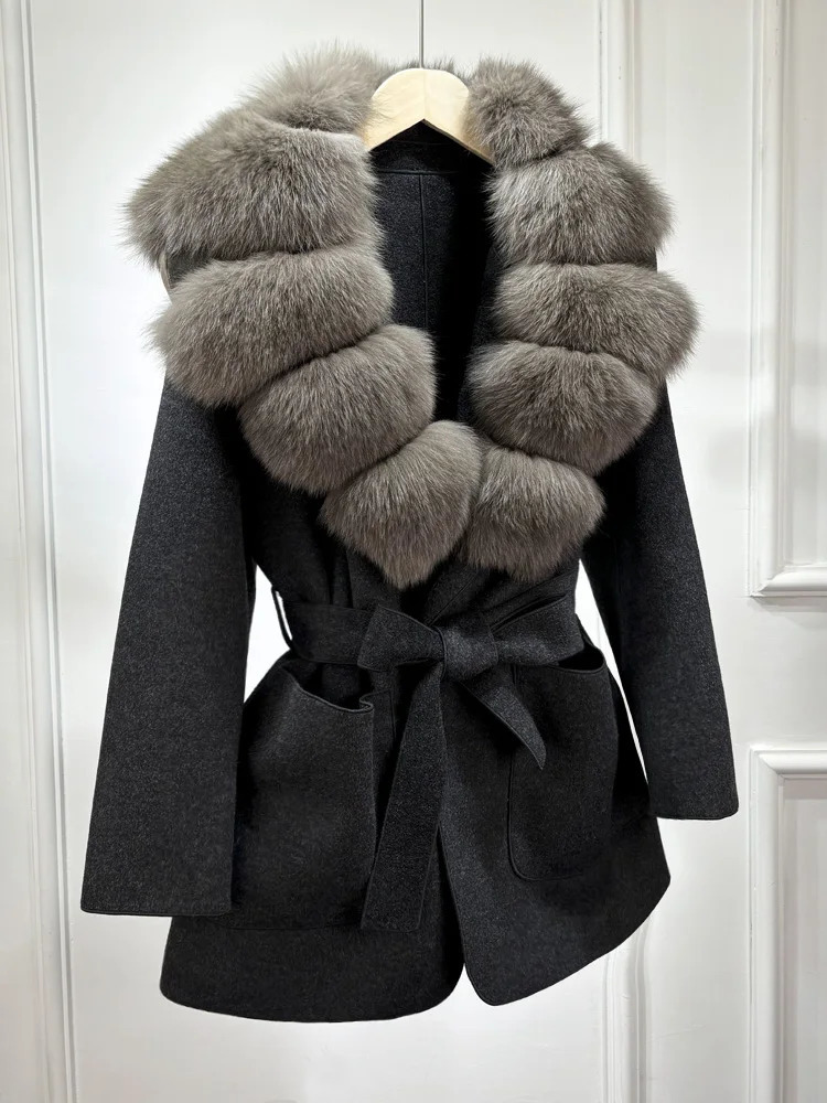 100% Natural Fox Fur Collar Cuffs Slim Fit Suit Double Sided Woolen Trench Coat 250725