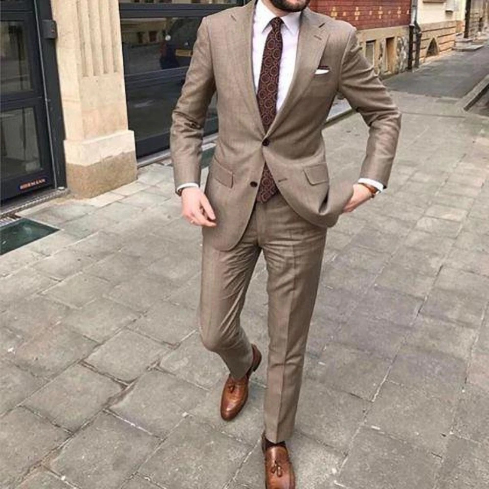Slim Khaki Men Suits Two Pieces Summer Fashion Notch Lapel Single Breasted Outfits Chic Business Causal Wedding Set250724