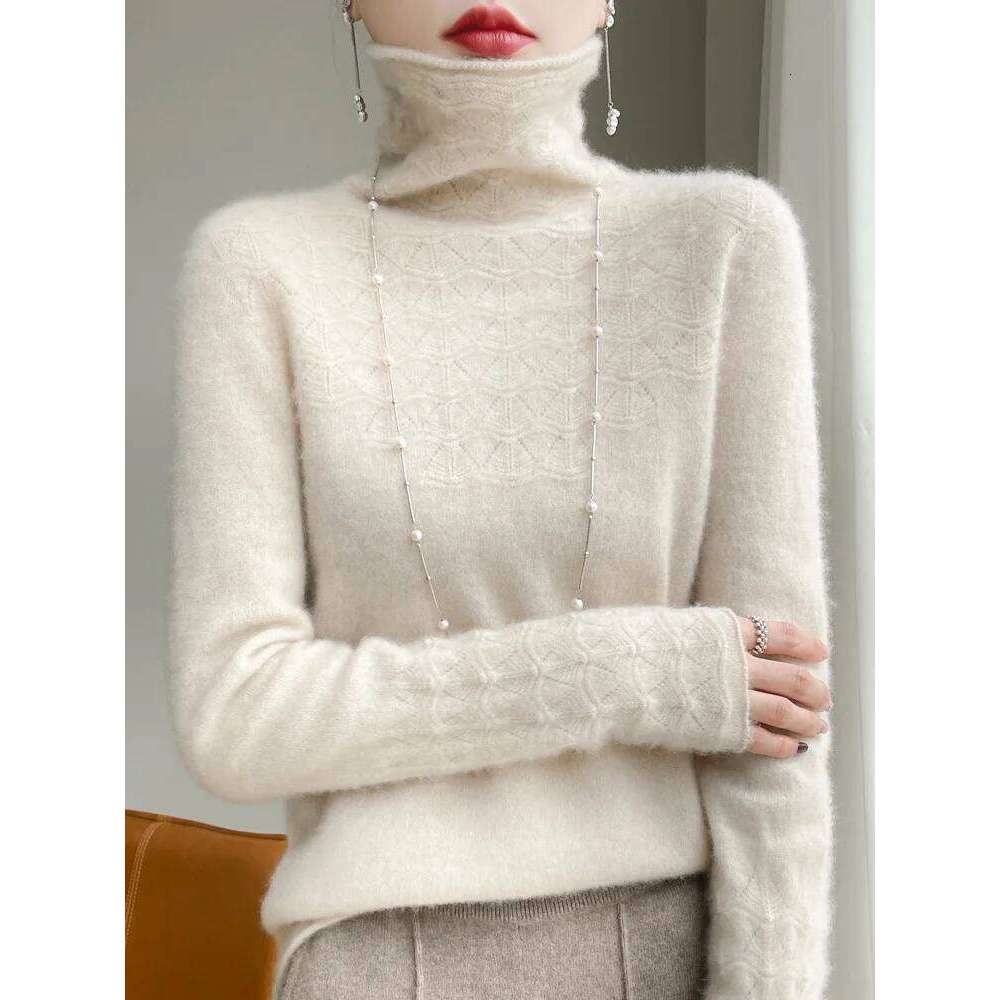 Women Autumn Winter 100% Merino Wool Sweater Turtleneck Pullovers Hollow Long Sleeves Basic Bottoming Shirt Cashmere Knitwear MDNG