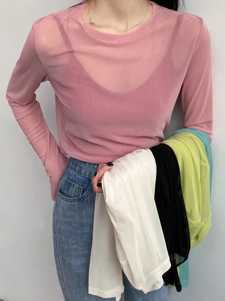Sexy Women T-Shirt See Through Transparent Mesh Tops Long Sleeve Ladies T-Shirt Pink Green Basic Tops for Women 250725