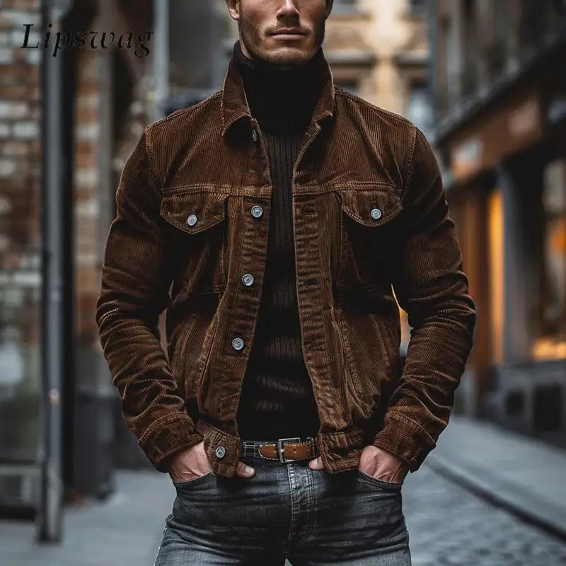 Streetwear Vintage Corduroy Jackets Mens Solid Color Button-up Turn-down Collar Ribbed Jacket Coat Autumn Trendy Men Outerwear250723250723