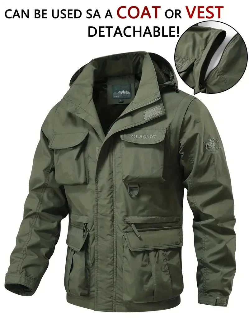 Detachable windproof sleeved hooded jacket suitable for outdoor activities mens casual waterproof multi pocket jacket vest250724