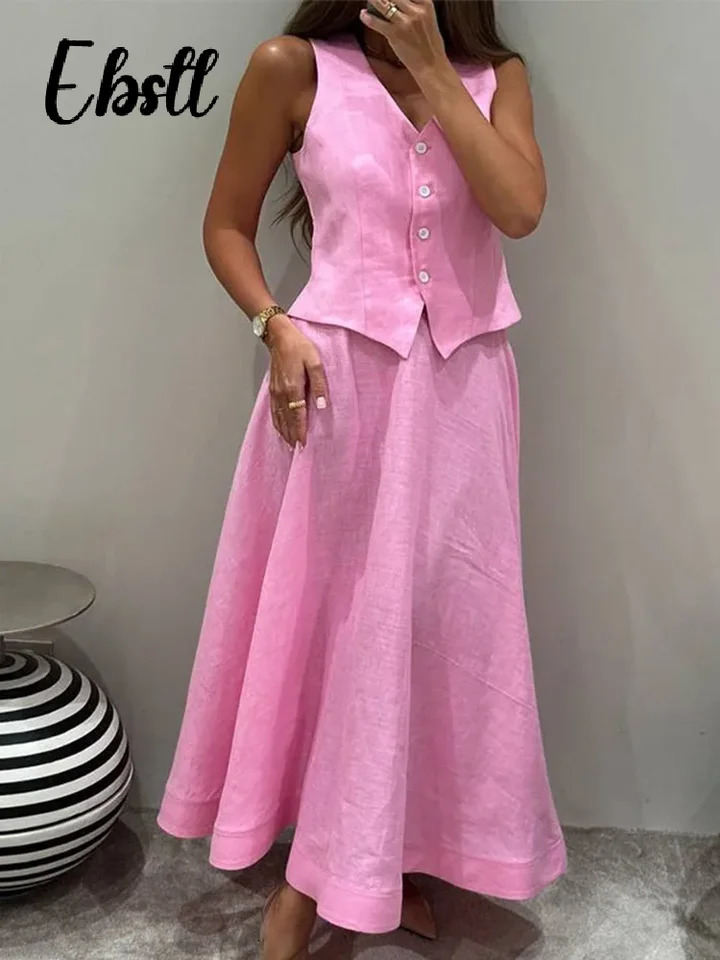Solid Single Breasted Vest Skirts Suit Womens V-neck Sleeveless Waistcoat Loose Long Skirt Summer Lady Casual Outfit 250724