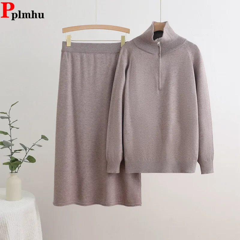 Korean n Knitted 2 Piece Sets Women Stand Neck Zipper Knitwears Pullover Tops Suits Casual High Waist Skirts Conjuntos 250728