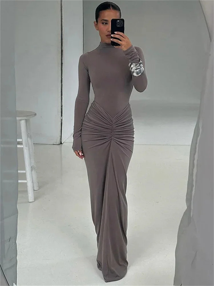Summer Womens High Waist Long Sleeve Solid Slim Party Dress Tossy Pleated Fashion Patchwork Dress 250728
