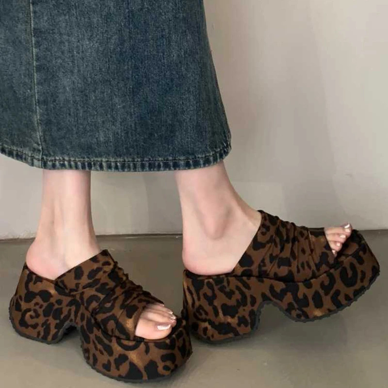 Summer Fashion Open Toe Leopard Print Platform Wedge Woman Slippers Chunky Heels Shoes Zapatos De Mujer 250723
