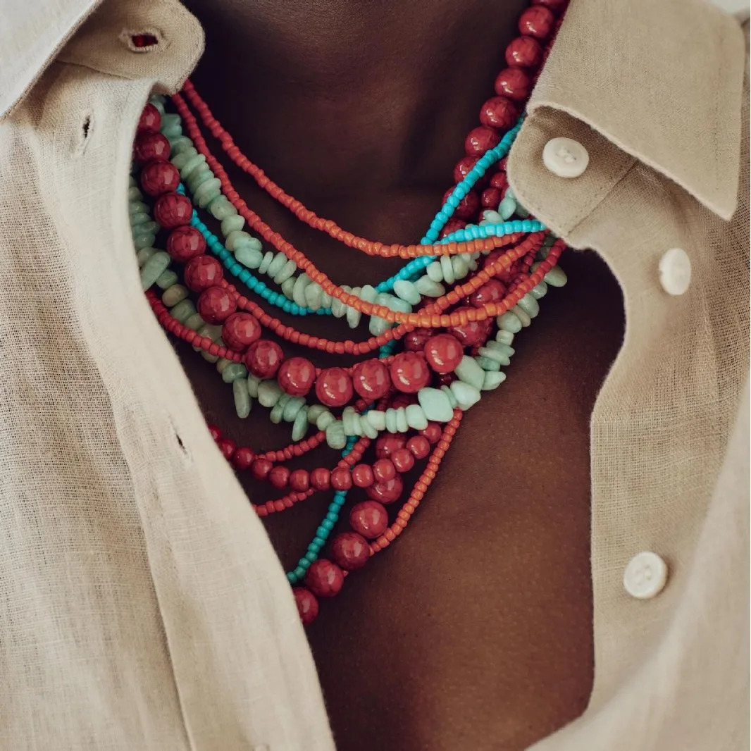 European And American Bead Stacking Collarbone Chain Exaggerated Creativity Layer Baroque Colorful Gravel Necklace250724