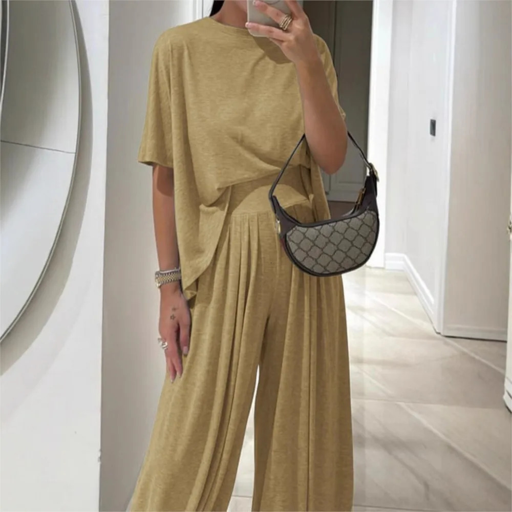 2 Piece Set Casual Short-sleeved T Shirt and Womens Trousers Spring Summer White Elegant Fashion Loose Wide-leg Trousers Set Female 250724