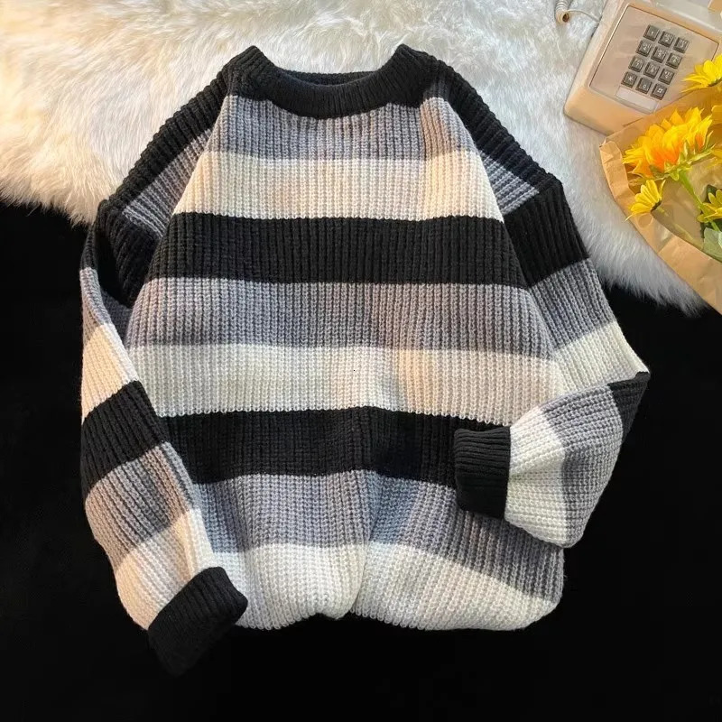 Patchwork Stripe Sweater Male Knit Autumn Korean Style Couple Loose Round Neck Sweater Knitwear Mens Clothing Jumper 250723