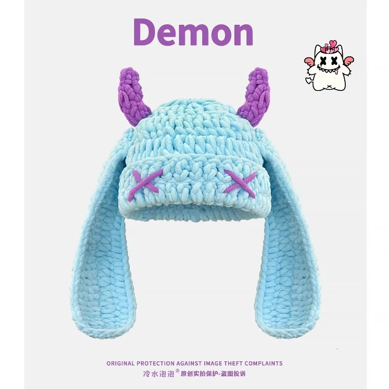 2K Little Devil Long Ears Knitted Beanies Cap for Women Autumn and Winter Travel Warm Versatile Funny Pullover Hats Men 250724