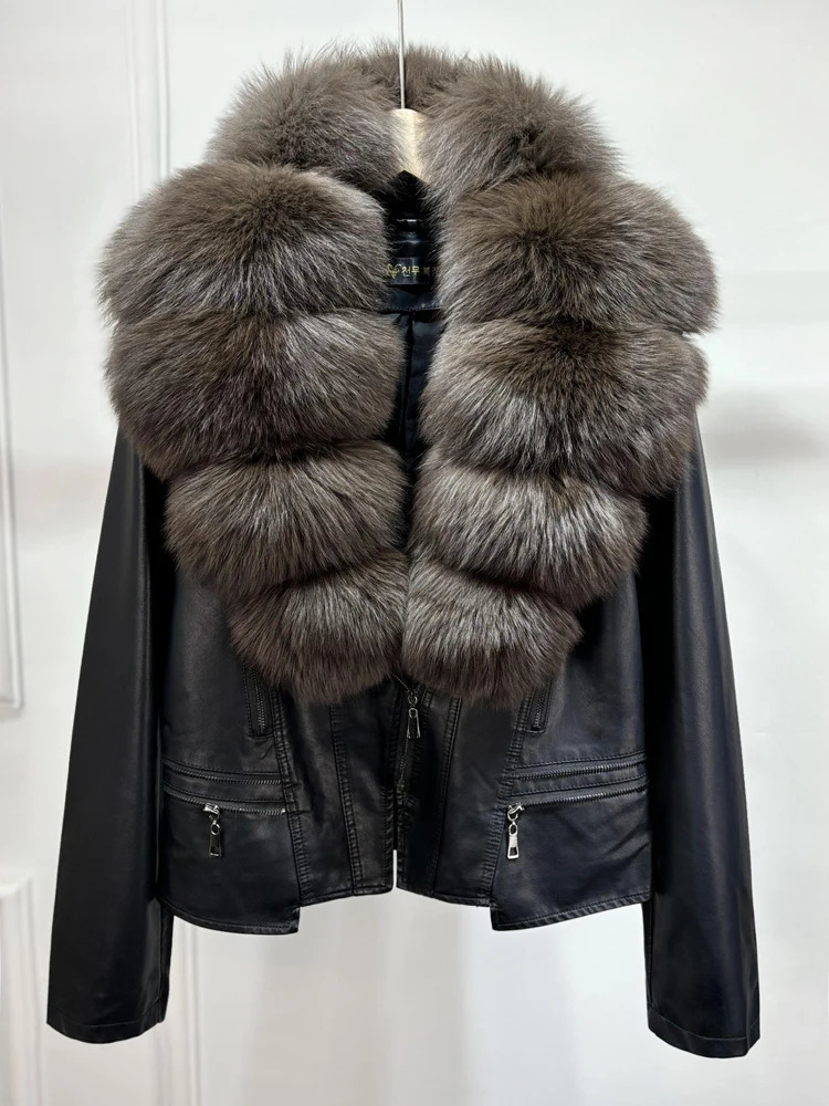 Winter Huge Natural Fox Fur Collar Short PU Leather Coat for Women Slim Faux Sheepskin Leather Jacket Outerwear 250725