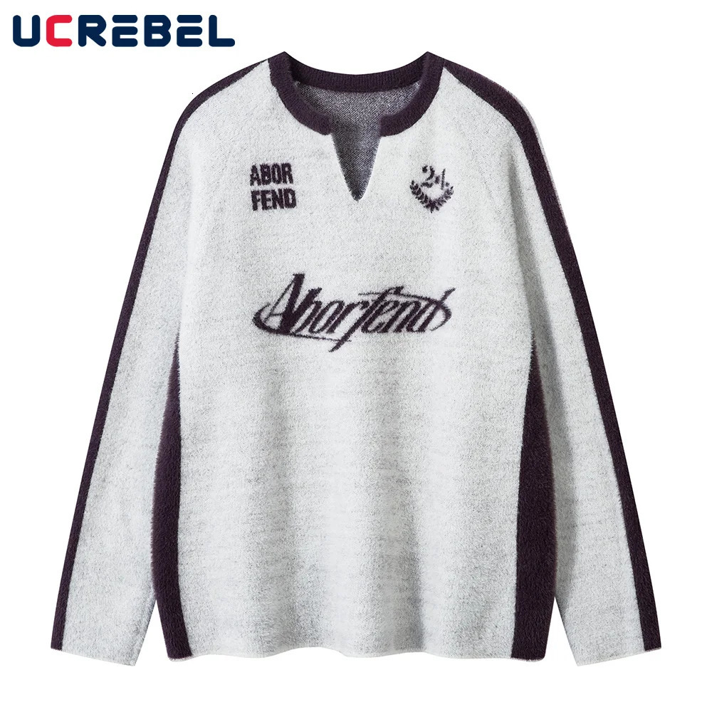 Letter Jacquard Contrast Paneled Sweater Mens High Street Crew Neck Loose Long Sleeve Knitted Pullover 250723