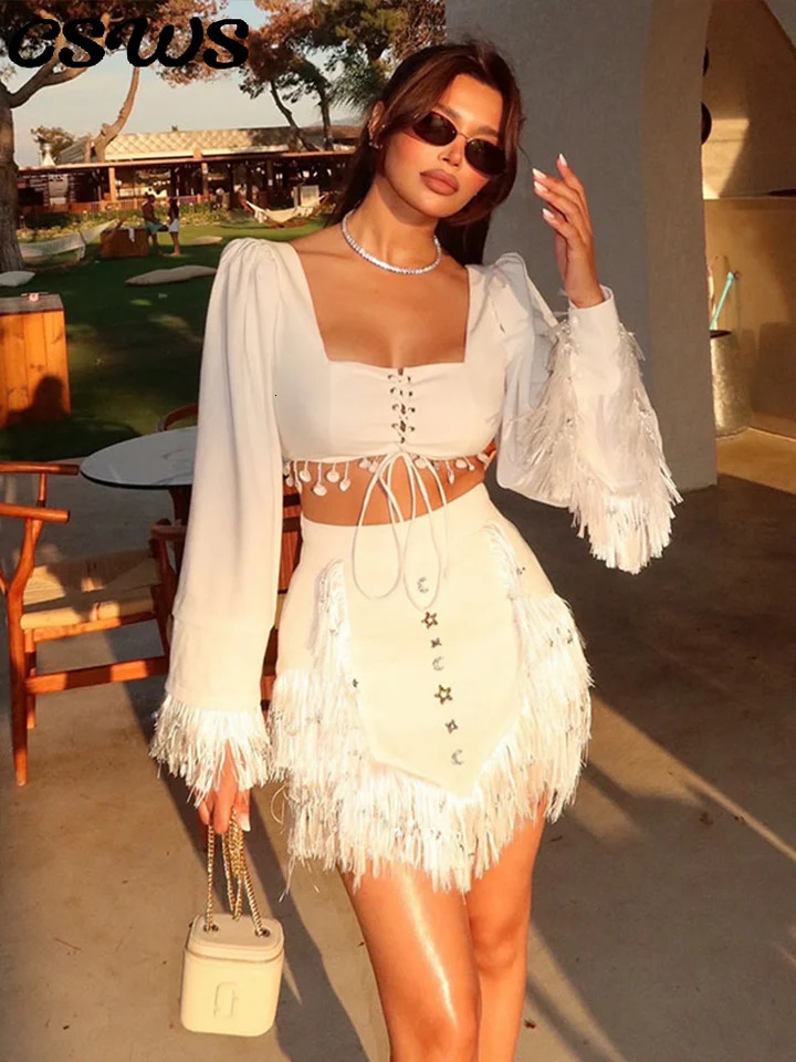 Sexy Tassel Lace Up Top Skirt Suit Women Solid Full Sleeve Square Collar Short Top Mini A-line Skirt Fashion Party Suit 250724