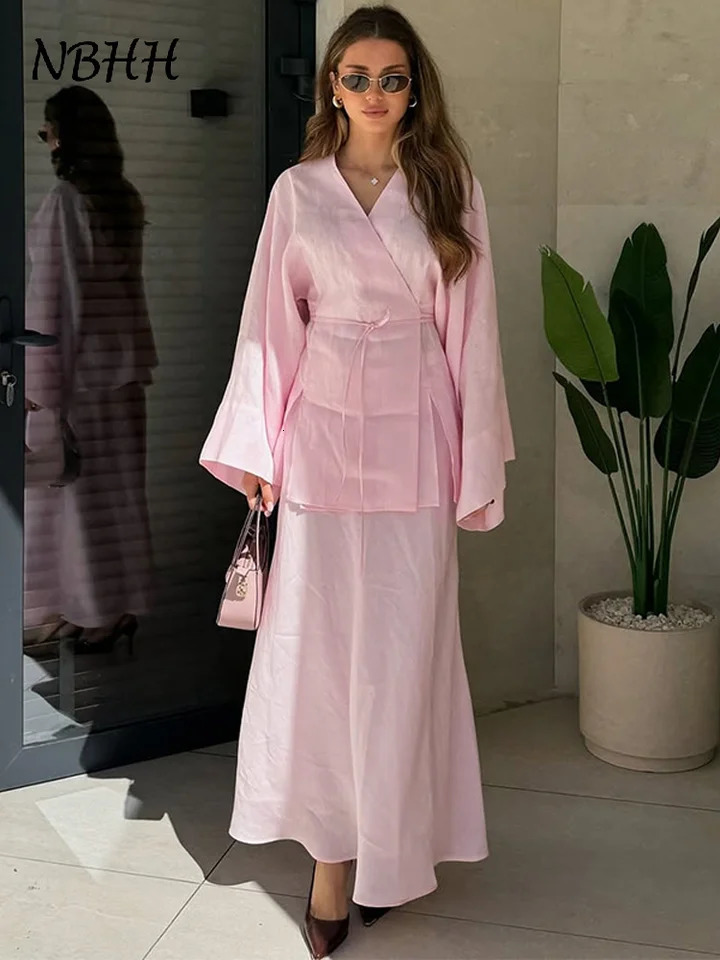 Loose Casual Lace Up Cardigan Skirt Sets Women Solid V neck Full Sleeve Top High Waist Skirt 2025 Autumn Spring Casual Outfits 250728