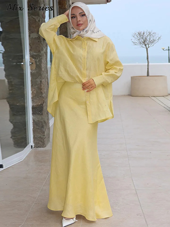 Casual Solid Tops Skirts Sets Womens Loose Long Sleeve Single Breasted Shirts Floor-length Skirt 2025 Autumn Lady Vacation Suit 250728