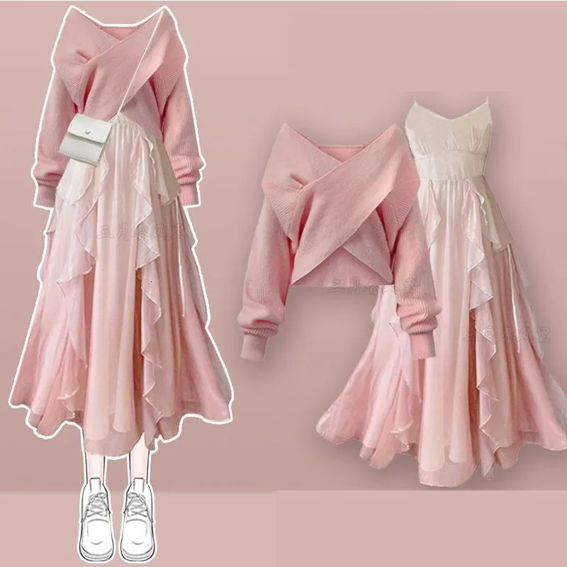 Womens Autumn Winter V-Neck Cross Knit SweaterSexy Sling Skirt Two-piece Suit Korean Elegant Pullover Dress Matching Set 250728