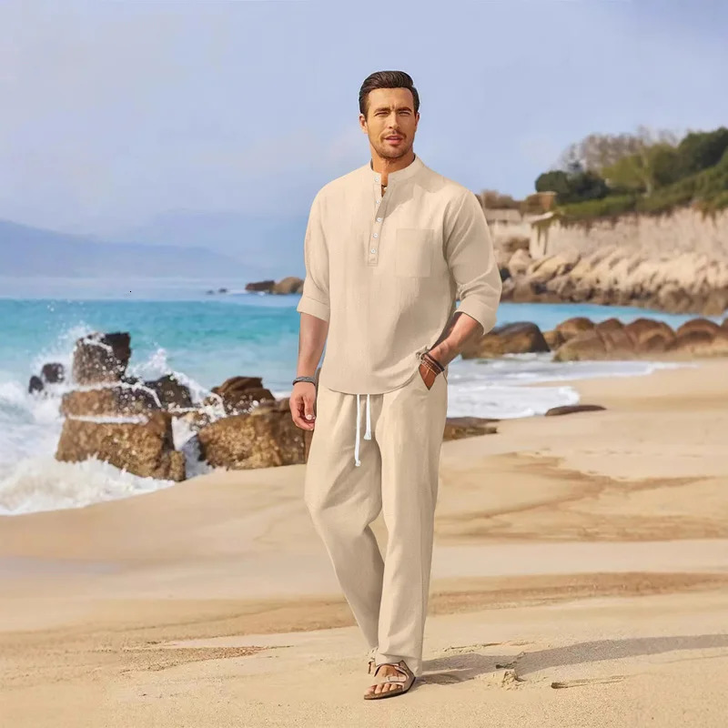 Mens Lightweight Polo Shirt Set Summer Mens Stand up Collar Button Pocket Cotton Hemp Long Sleeve Pants Casual Set 250725