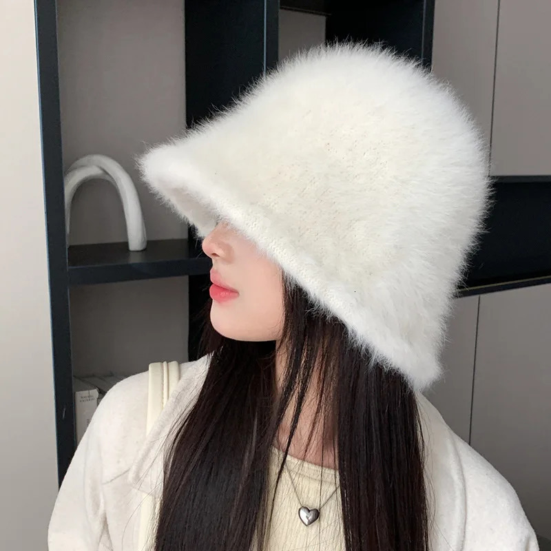 Winter Hat Female Fashion Solid Color Rabbit Fur Hat Bucket Cap Fishermans Hat Retro Knitted Basin Hats 250725