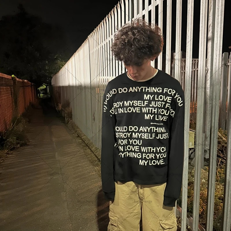 High Street Retro Harajuku Letter Round Neck Long Sleeve T-shirt Punk Gothic Y2K Graphic Top Men Hip-hop Trendy Streetwear 250728