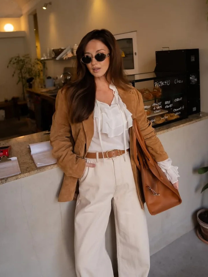 Suede Leather Jacket Women Brown Lapel Full Sleeves Loose Coats Female Spring Fashion Single Breasted Lady Streetwears 250724