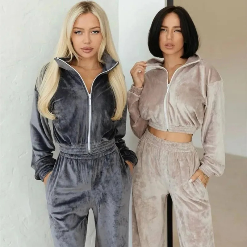 Womens Long Sleeve Collared Fleece Zip-Up Hoodie Elastic Waist Sweatpants Two-Piece Tracksuit Comfortable Casual Lounge Set 250724
