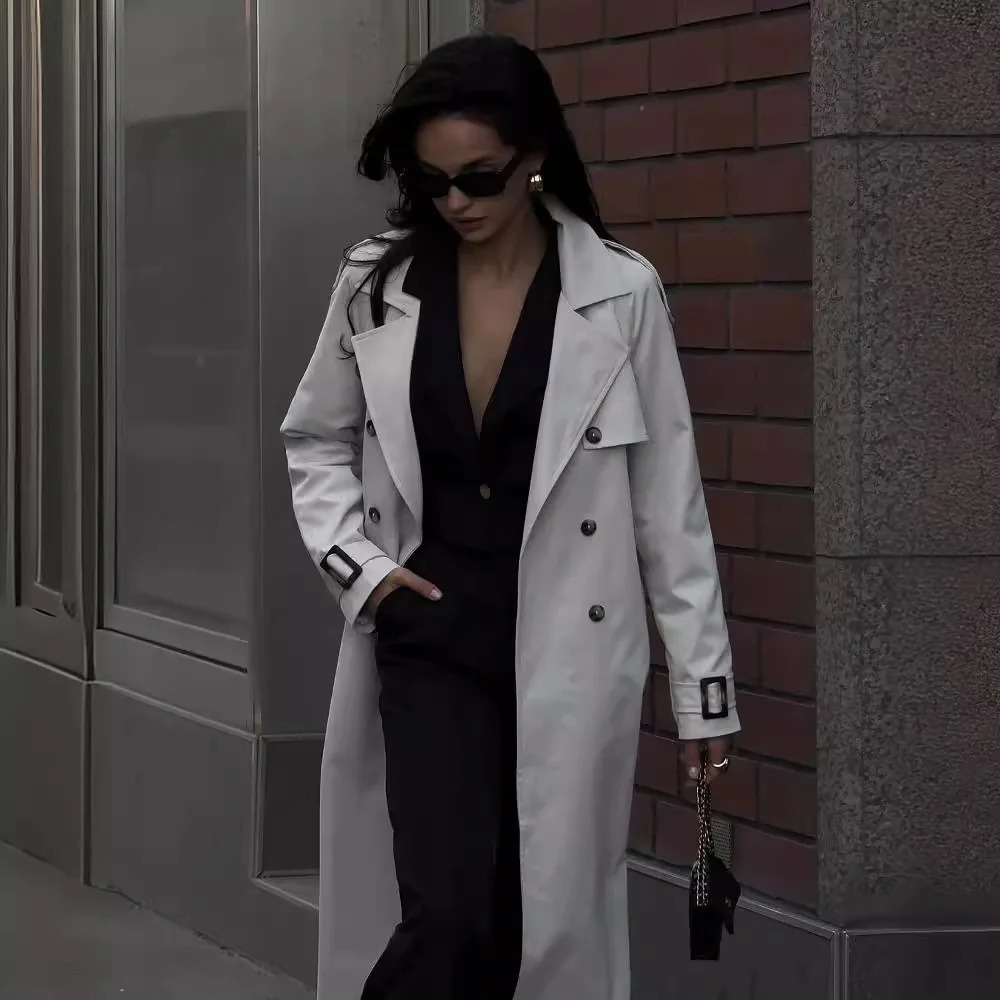 Europe and the United States women plus long trench coat temperament double breasted British style womens coat 250724